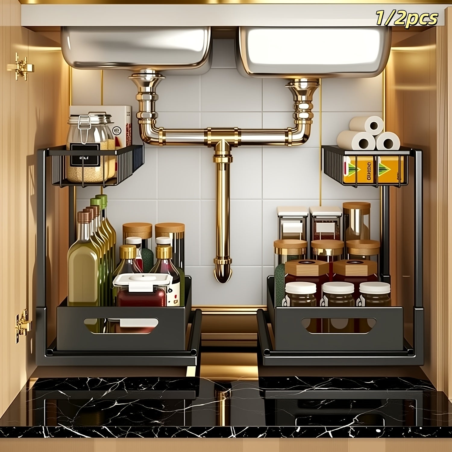 1/2pcs 2-story kitchen sink storage containers，push-pull cabinet organizer, kitchen and bathroom organizers and storage, study, tabletop, metal sliding drawers, practical and convenient kitchen accessories essentials, kitchen organizers and storage.