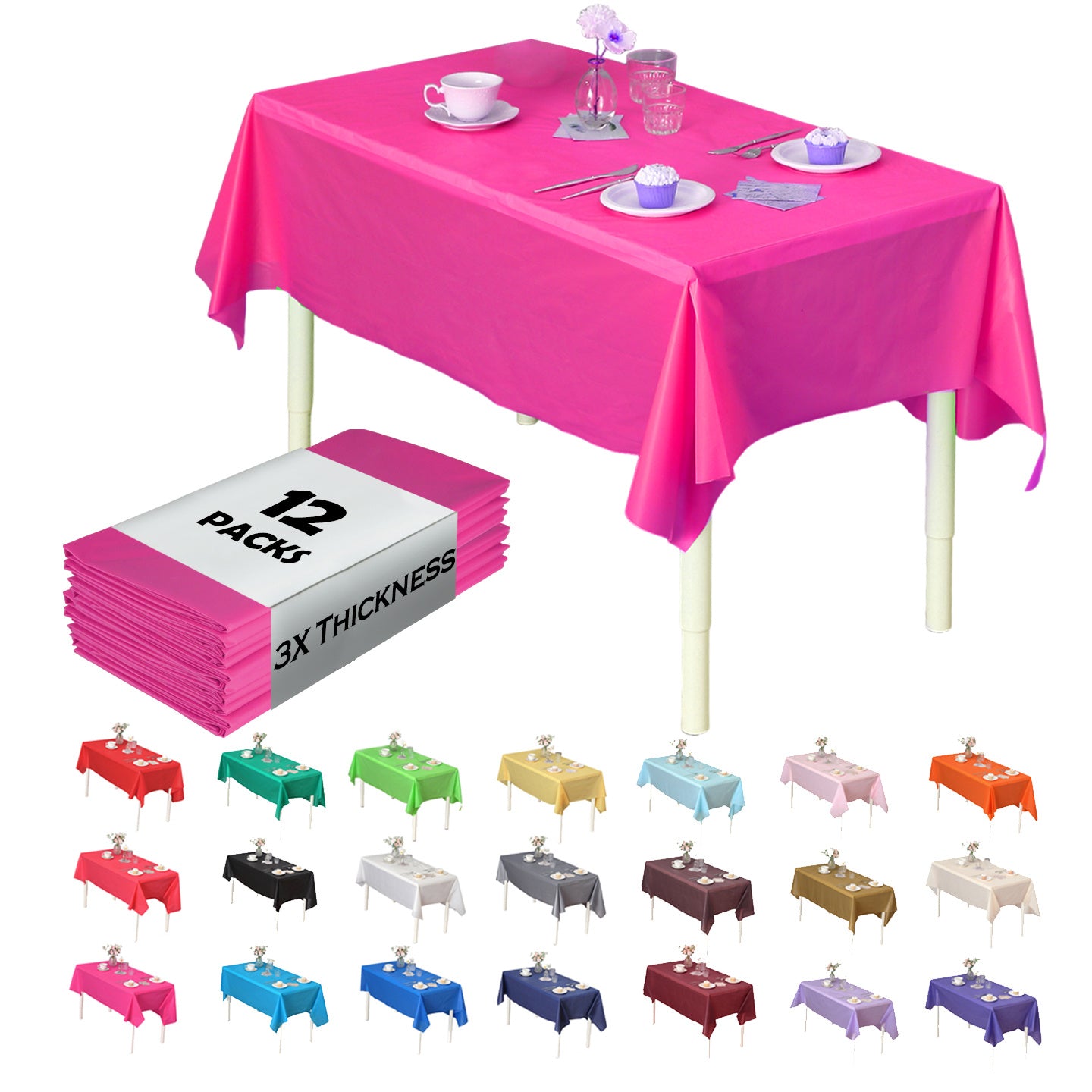 Heavy Duty Premium 12pcs Plastic Tablecloth, Disposable Tablecloth, Plastic Table Cover for Kitchen, Dinning Uses.
