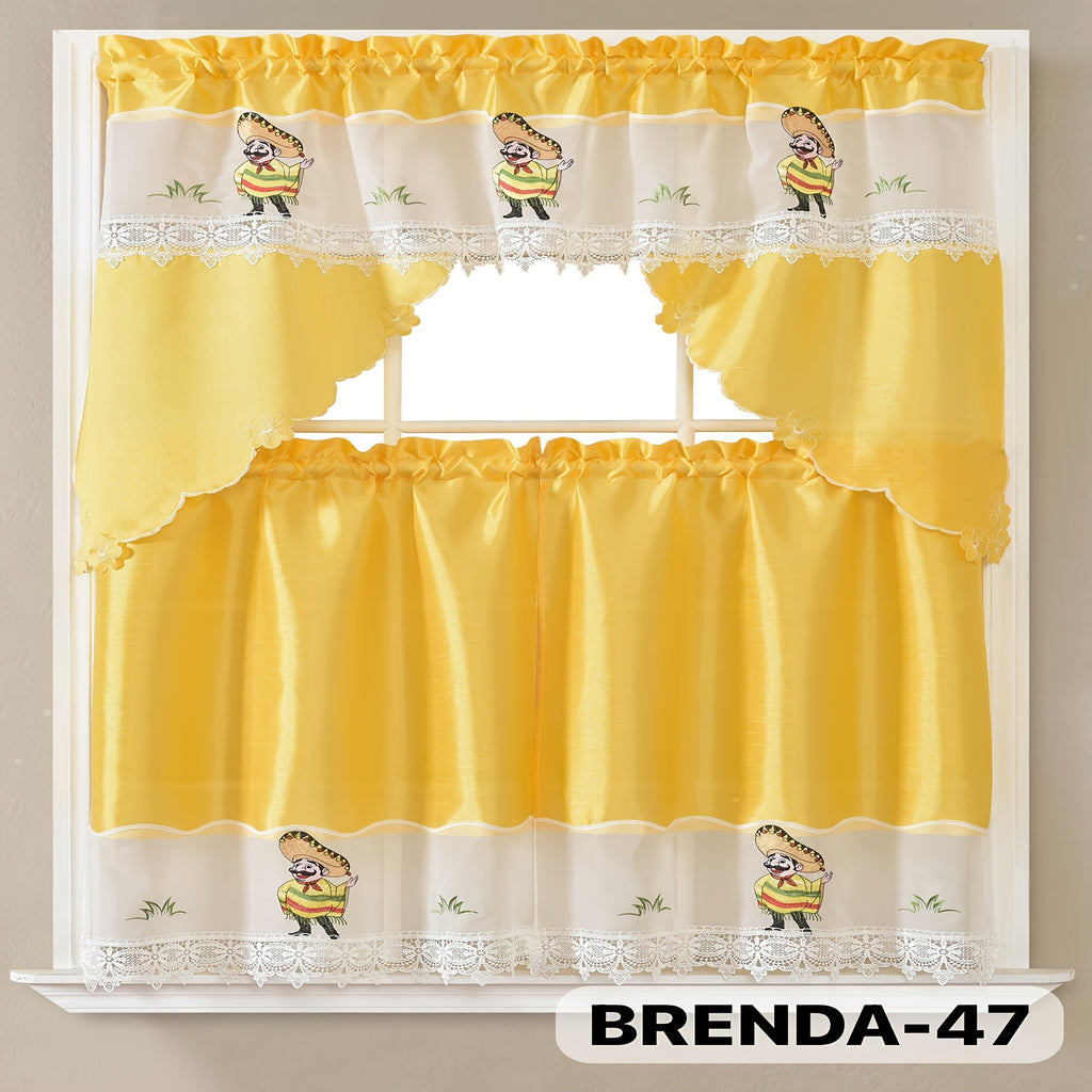 3pcs Embroidery Kitchen Curtains Set Flowers Embroidery Satin Fabric Faux Lightweight Soft Easy Care Machine Washable 49 Design Styles Available Holiday Gifts for Family Local Warehouse All Season Use Summer