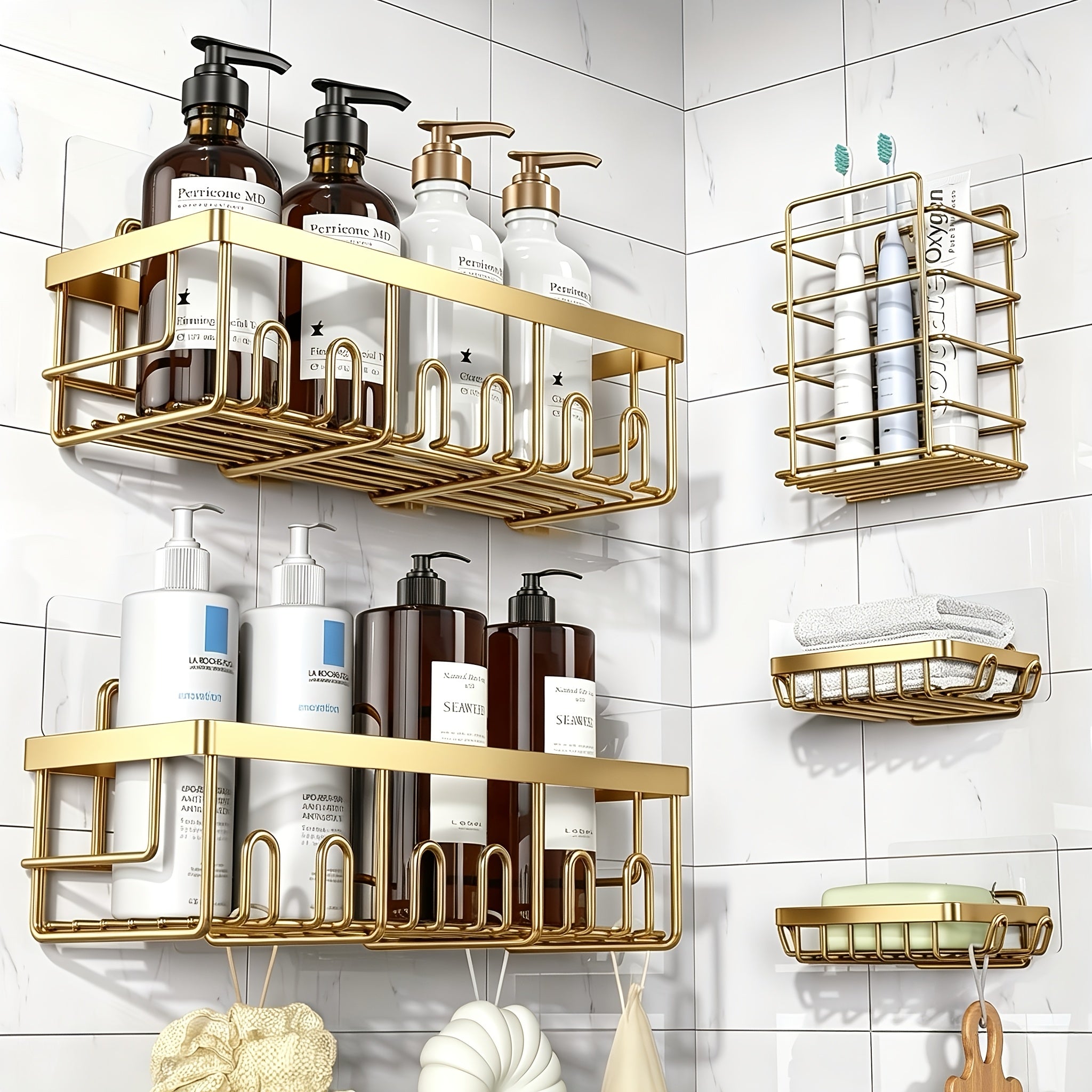 Shower Caddy Organizer, 5-Pack Adhesive Rustproof Stainless Steel Shower Shelves with Soap Holder, No Drilling Shower Storage Rack for Family Renters Bathroom, Random Colors to Choose, Shower Caddies