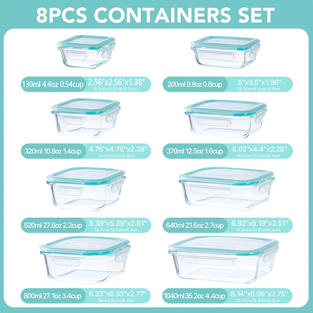 16pcs Sealed Glass Food Storage Containers, Lunch Boxes, Microwave Ovens, Ovens - Perfect for Salads, Fruits, Vegetables, And Sandwiches, Lunch Boxes | Sealed Storage | Durable Glass, Food Storage Containers (8 Lids And 8 Containers)