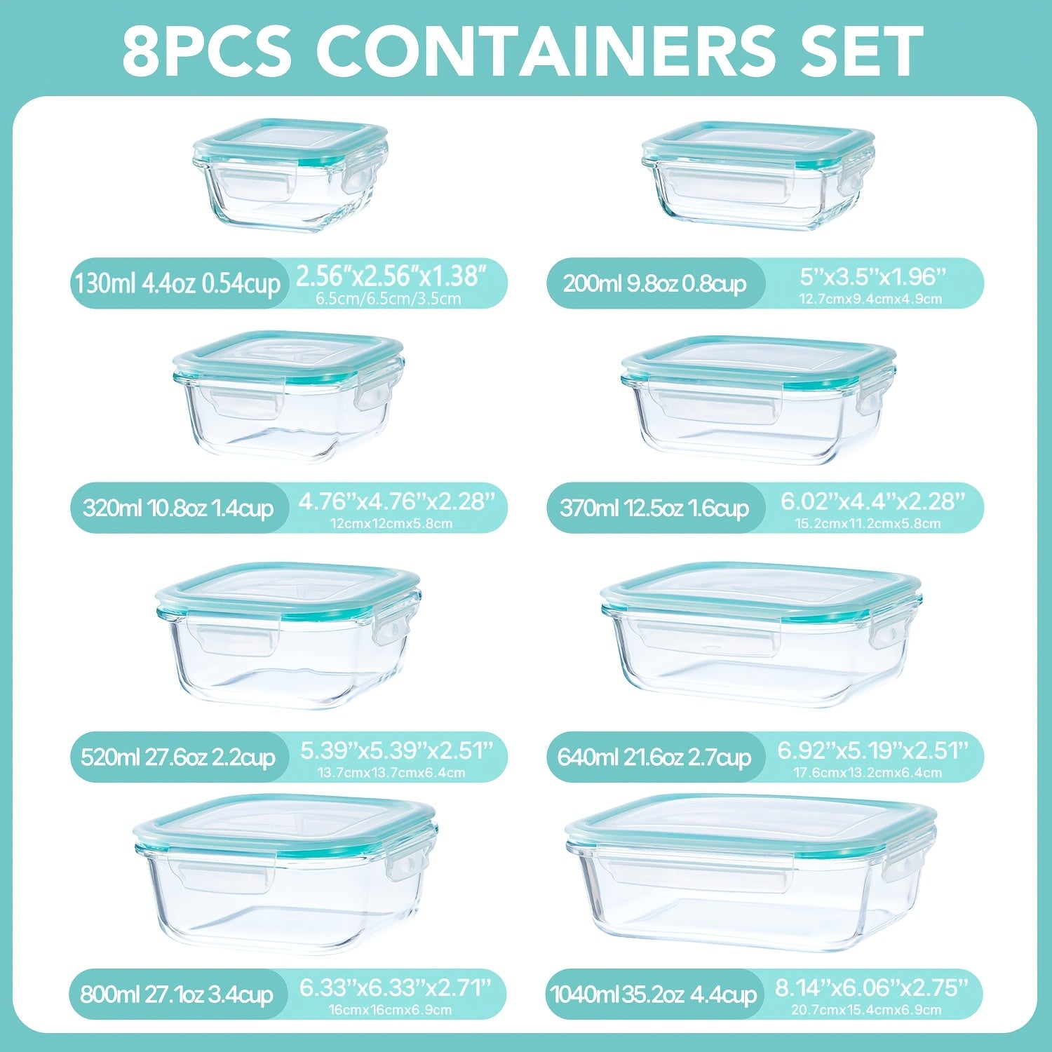 16pcs Sealed Glass Food Storage Containers, Lunch Boxes, Microwave Ovens, Ovens - Perfect for Salads, Fruits, Vegetables, And Sandwiches, Lunch Boxes | Sealed Storage | Durable Glass, Food Storage Containers (8 Lids And 8 Containers)
