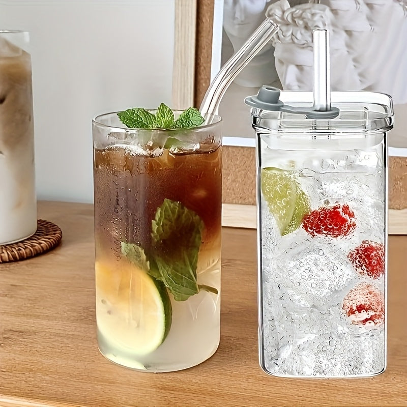 4/6 Packs High Borosilicate Glass Water Cup with Lid & Straw - Square Korean Style, Transparent, Flat Bottom, Multipurpose for Coffee, Juice, Hand Wash Only, Leak Proof, BPA Free, Valentine's Day Theme