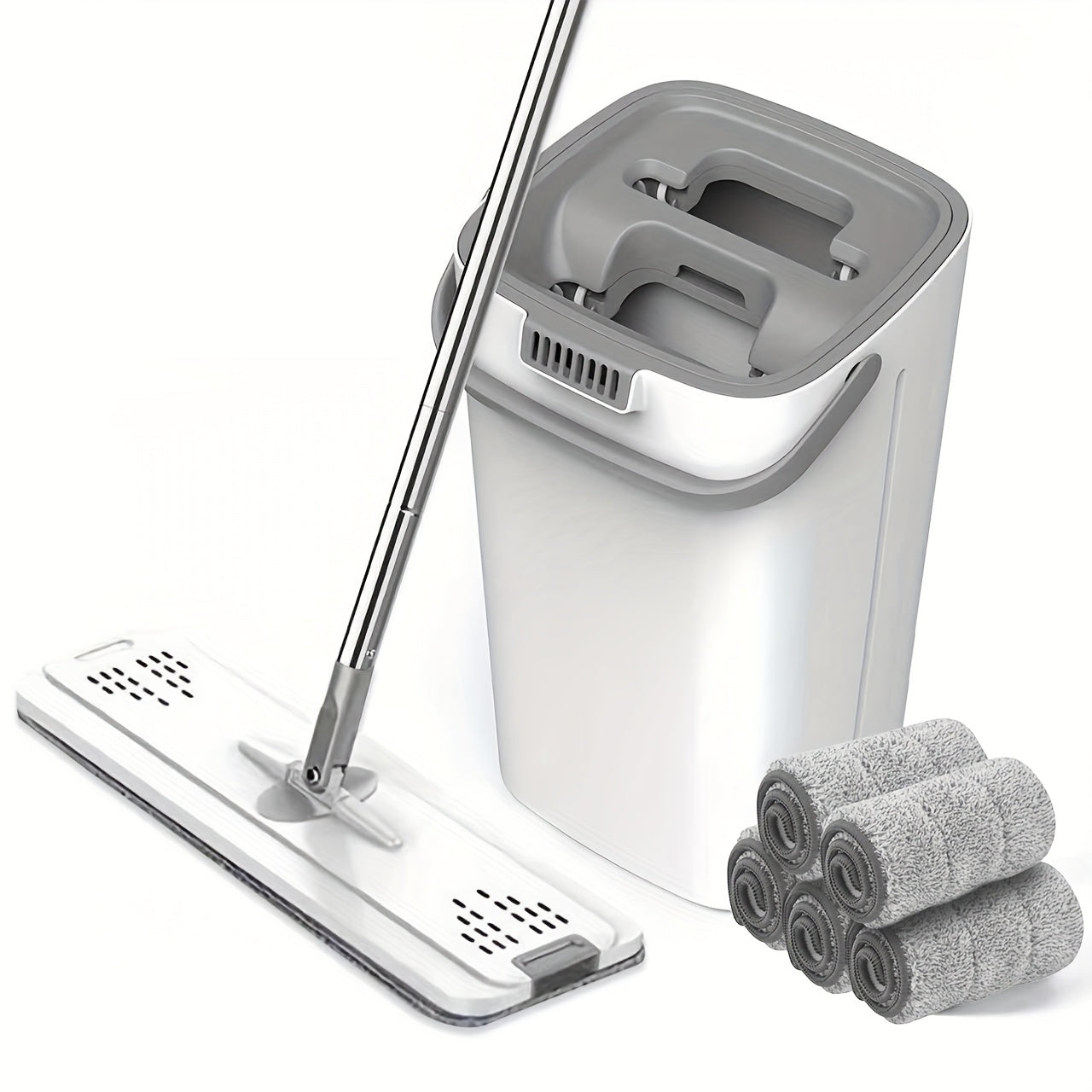 Hands-free Flat Mop And Bucket Set With 5 Mops - Suitable For Bedrooms, Kitchens, Living Rooms, Bathrooms - Made Of Durable Plastic - Efficient Cleaning Solution With Bathroom Storage Function
