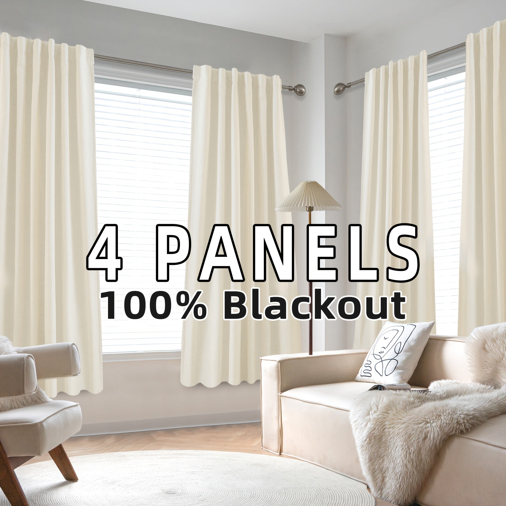 4 Panels 100% Blackout Linen Curtains for Bedroom Farmhouse Thermal Insulated Rod Pocket Back Tab Full Light Blocking for Living Room