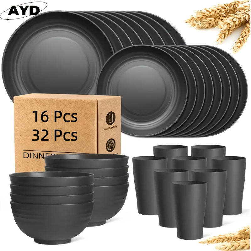 32/16pcs Dinnerware Sets Made from Wheat Straw, Including Plates And Bowls for 8 People, Featuring Black Plastic Dinnerware That Is Safe for Microwave And Dishwasher Use. This Dish Set Is Perfect for Valentine'S Day And Serves As a Durable Party Tab