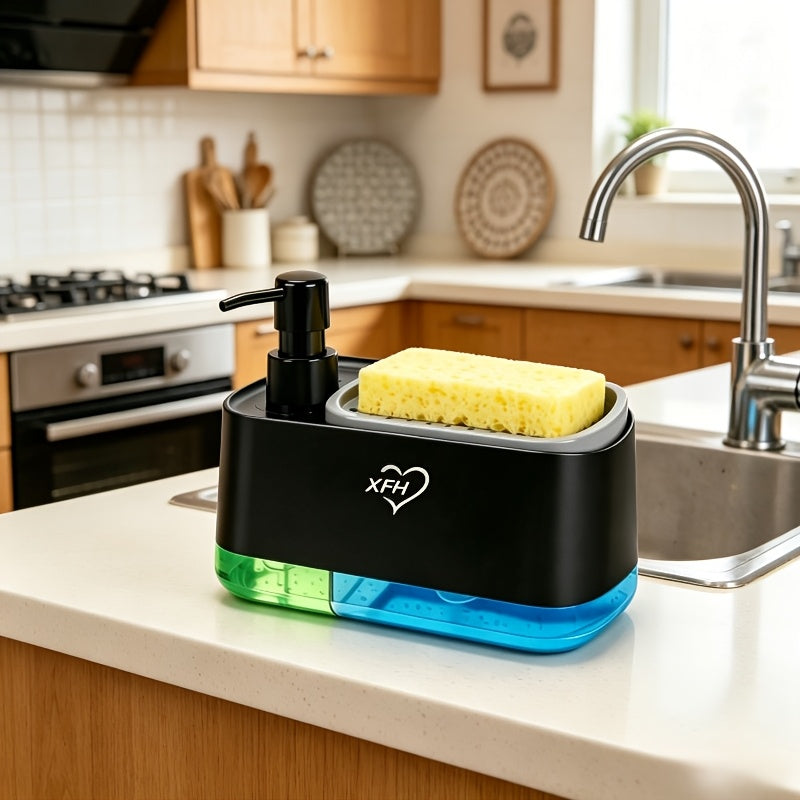 1pc Multi-Function Soap Dispenser with Built-In Sponge Holder - Leak-Proof Battery-Free Pump, Space-Saving Hygienic Hands-Free Design for Kitchen & Bathroom Countertop Organizer - Durable Rectangular Soap Dispensers for or Gift