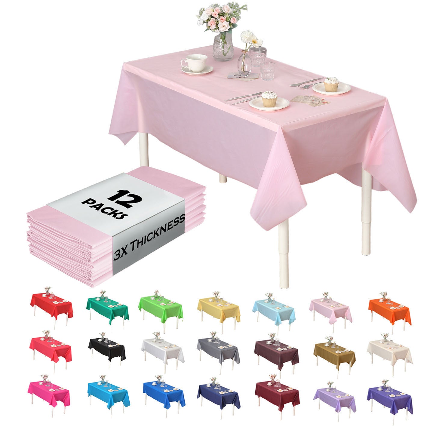 Heavy Duty Premium 12pcs Plastic Tablecloth, Disposable Tablecloth, Plastic Table Cover for Kitchen, Dinning Uses.