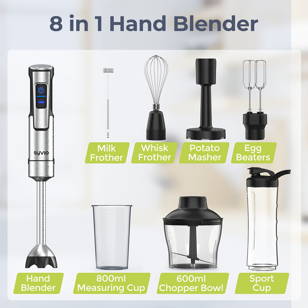 8-In-1 Immersion Blender, 1000W Heavy Duty Motor, Meat Chopper, 15-Speed Mode Handheld Blender with Stainless Steel Shaft - Includes 8 Total Pieces, Kitchen Must-Haves