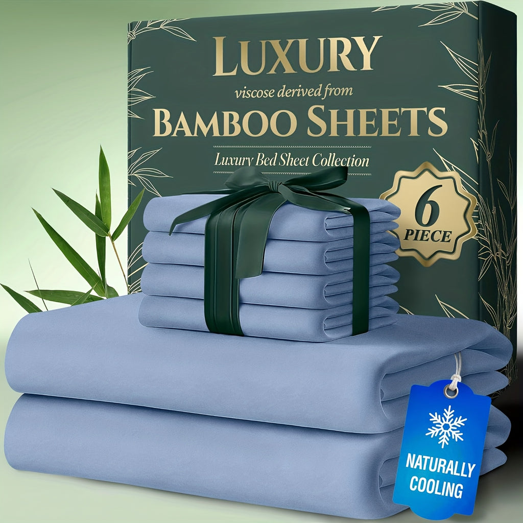 Bamboo Cooling Bed Sheets 6 Piece Set Deep Pocket 17 Inch Hot Sleepers Cloud Soft Luxury Fitted Sheet Flat Sheet Pillowcases Twin Full Queen King