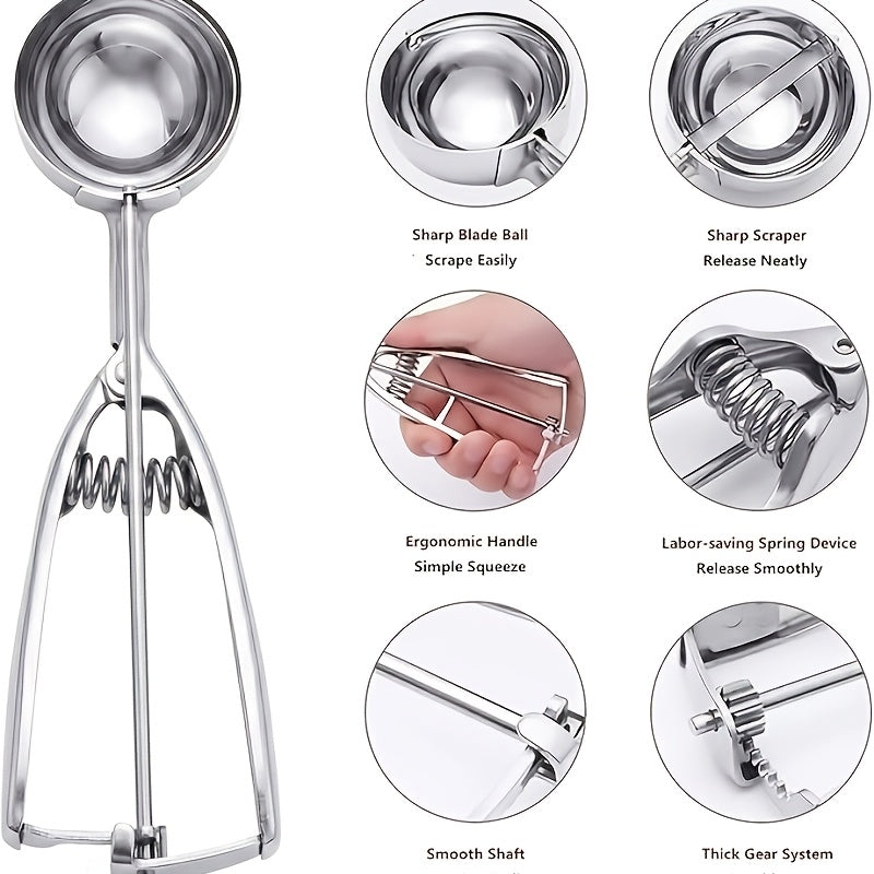 3pcs Stainless Steel Ice Cream Spoons, Triggered Ice Cream Scoop, Cookie Scoop, Portable Fruit Scoop, Watermelon Scoop, Ice Cream Tool, Suitable for DIY Ice Cream, Fruits, Cookie Dough, Used In Ice Cream Shops And Dessert Restaurants