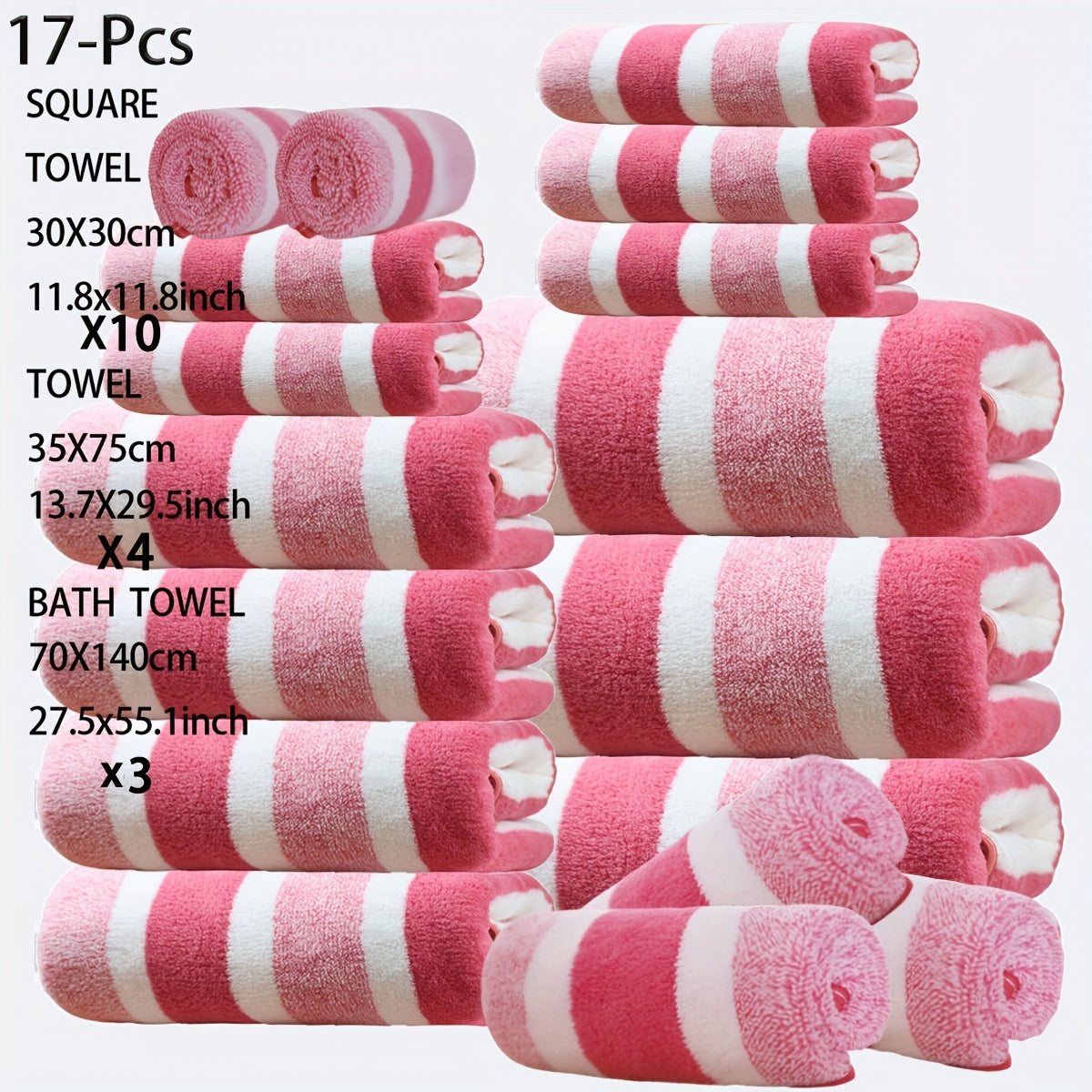 17pcs Luxury Bath Towels Set - Quick-Dry Highly Absorbent Plush Soft Coral Fleece-like Texture, Multi-Size Family Bathroom Towels with Hanging Loops (11.81x11.81inch, 27.56x55.12inch) for Home, Hotel & Spa - Navy & Striped Design, Durable & Space-Saving S