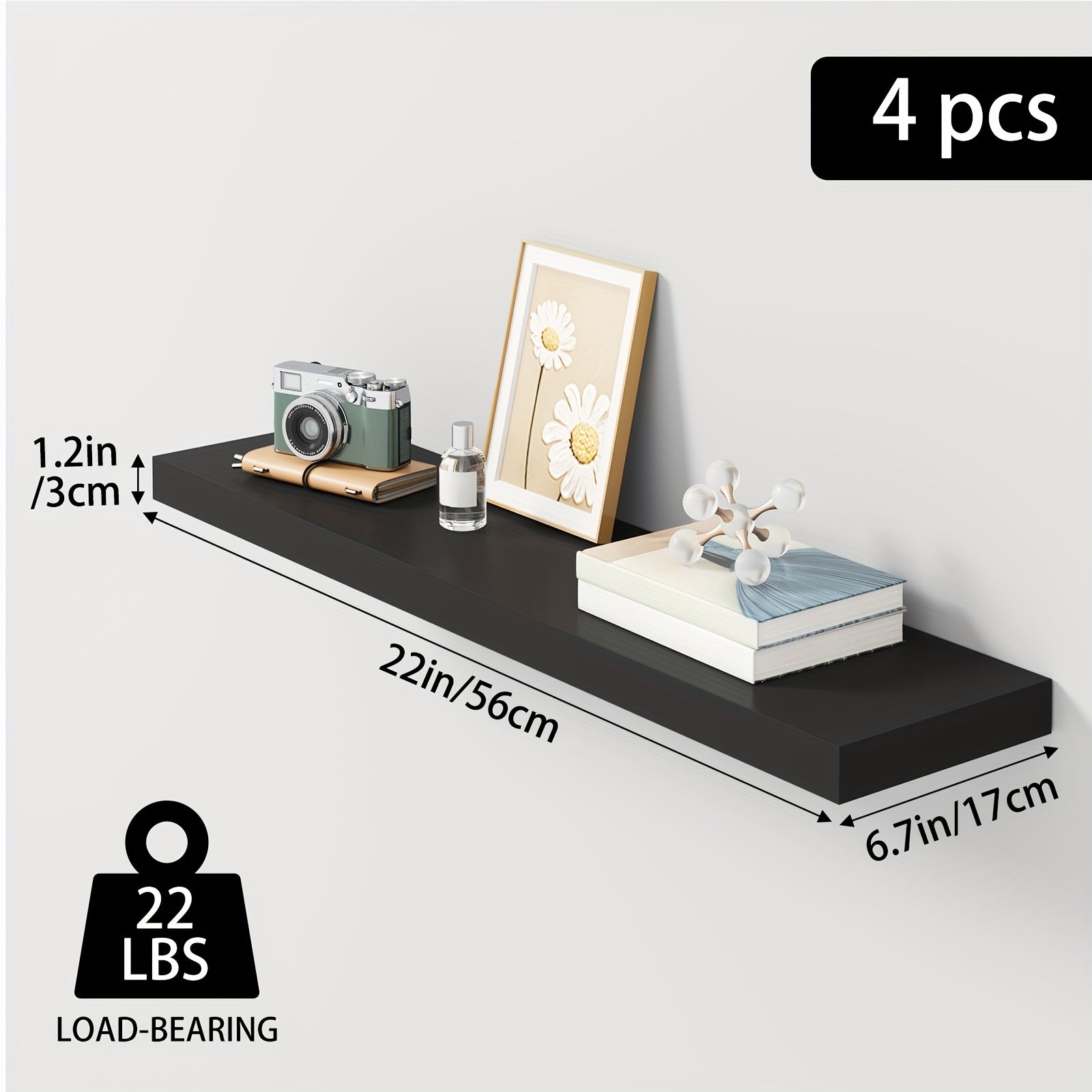 TOMNK Floating Shelves, 4pcs, 56cm/22in, Wall Shelves For Bathroom/Living Room/Bedroom/Kitchen Decor, Shelves With Invisible Brackets Set (Walnut/Light Brown/White/White Oak/Black)