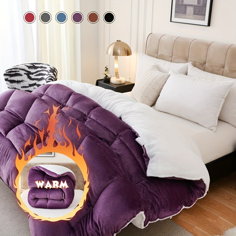1pc Thick Soft Comforter Plush Flannel Sherpa Comforter, 600G Filling Ultra Breathable All Season Comforter Double-Sided, Box Stitch Solid Color Comforter For Bedroom, Warm For Autumn And Winter Comforter, Gift, Home Deco