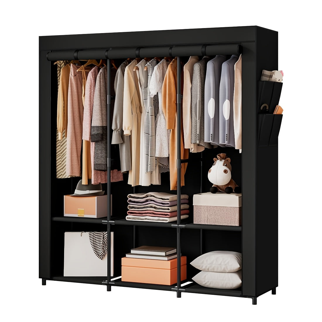 Portable Wardrobe Closet Storage Organizer Metal Hanging Rack Non-Woven Fabric 51 Inch, Portable Closets