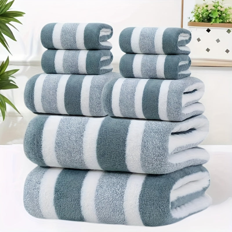8pcs Lint-Free Super Absorbent Soft Five-Star Hotel Standard Two-Color Striped Spaced Bath Towel Set, Including 2 Large Bath Towels, 2 Medium Bath Towels And 4 Small Bath Towels