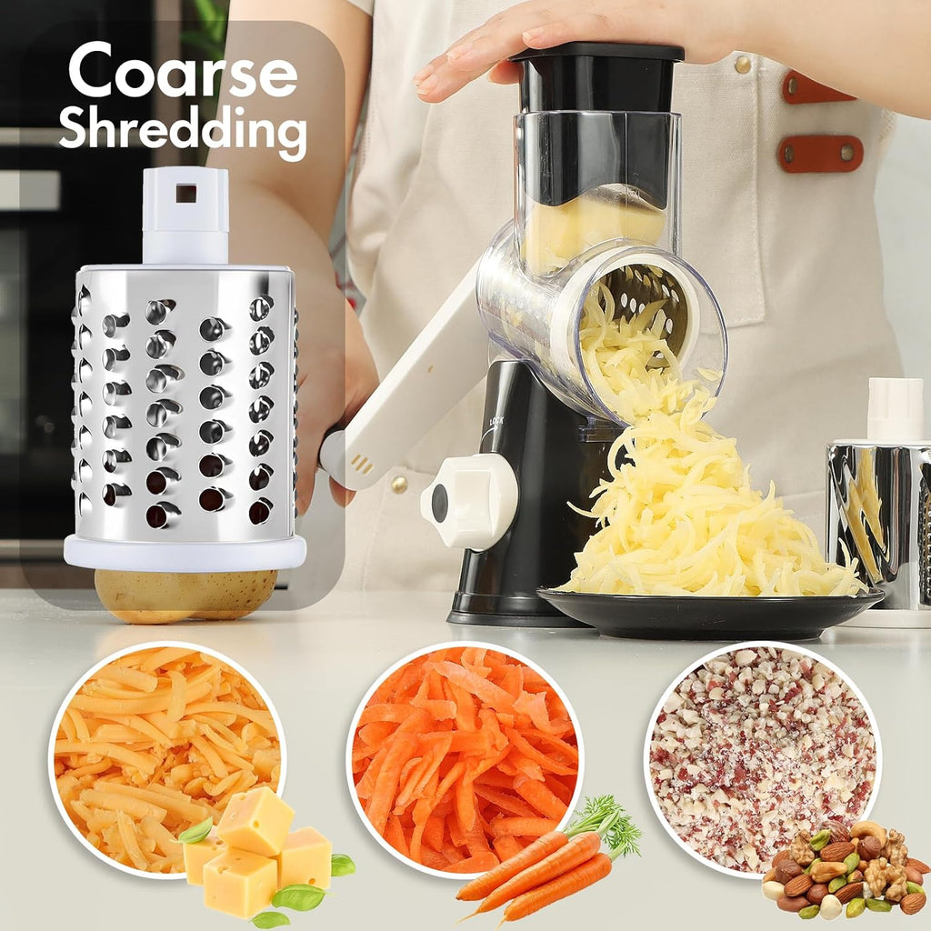Hand-Cranked Rotary Cheese Grater for Shredding Fresh Cheese, Vegetables, And Nuts, Featuring a Non-Slip Suction Base And a Complimentary Cleaning Brush with Three Blades.
