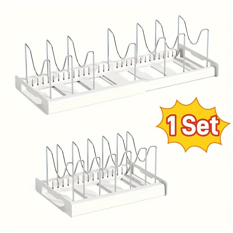 Adjustable Pots and Pans Organizer Rack with Dividers - Expandable Under Cabinet Storage for Bakeware, Lids (White)