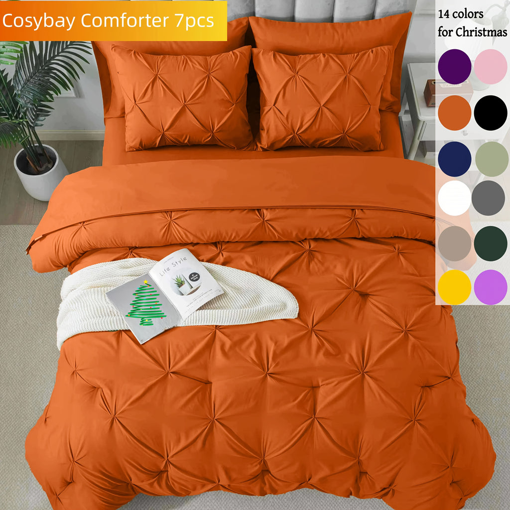 Cosybay 7PC Comforter Set-Luxury Soft Fluffy Pinch Pleated Bedding with 1 Comforter, 1 Fitted Sheet, 1 Flat Sheet, And 4 Pillowcases & Pillow Cover-All Season Quilte Set Queen, Hypoallergenic, Breathable, Easy Care,valentine's Day Gifts,school
