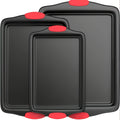 3/9pcs Carbon Steel Non-stick Kitchen Oven Baking Pan, Luxurious And Fashionable Non-stick Inside And Outside, Commercial Grade Restaurant Quality Metal Baking Pan, With Red Silicone Handle