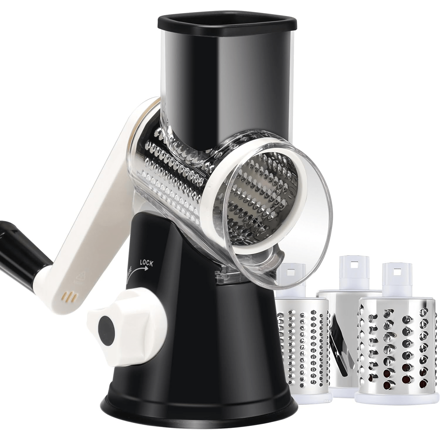 Hand-Cranked Rotary Cheese Grater for Shredding Fresh Cheese, Vegetables, And Nuts, Featuring a Non-Slip Suction Base And a Complimentary Cleaning Brush with Three Blades.