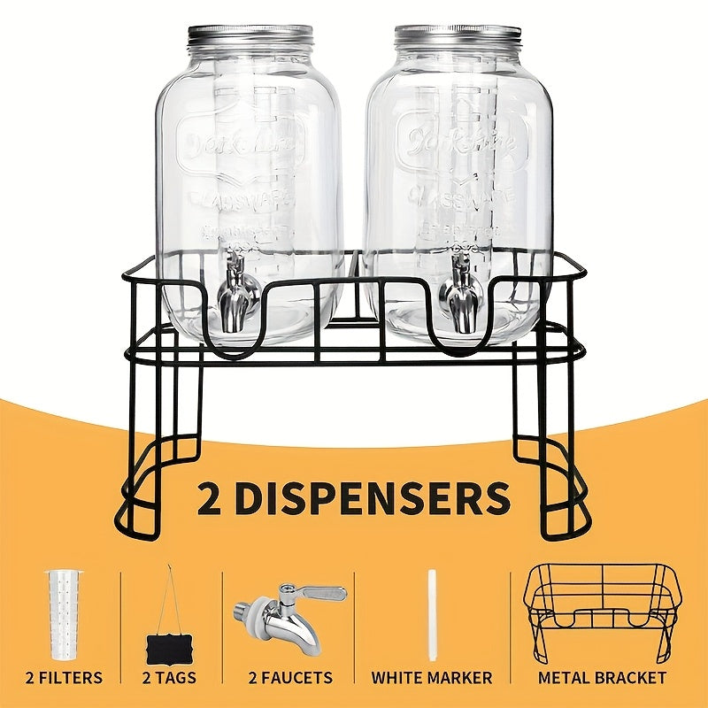 2pcs, 1-gallon Glass Beverage Dispenser Set, With Stand And Stainless Steel Spigot, Leak-proof. Lemonade Dispenser With Ice Tube, Ideal For Kitchen, Camping, Parties, Halloween, And Christmas.