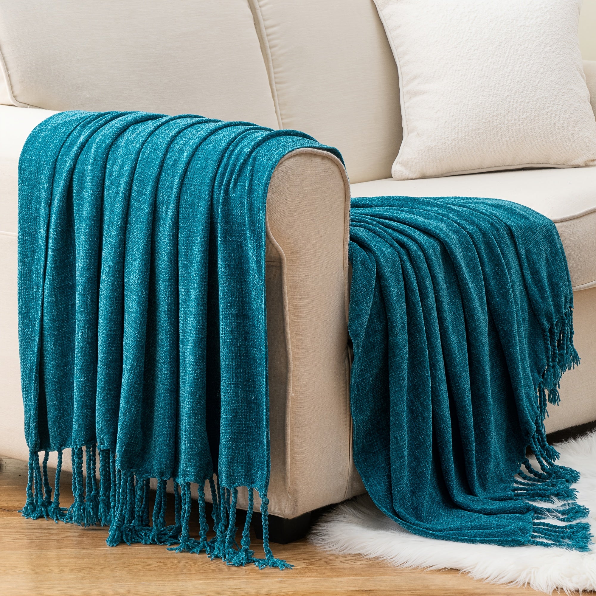 Decorative Fringe Velvety Throw Blanket for Sofa Home Decor, Chenille Throw Blanket for Couch, 50"x60"