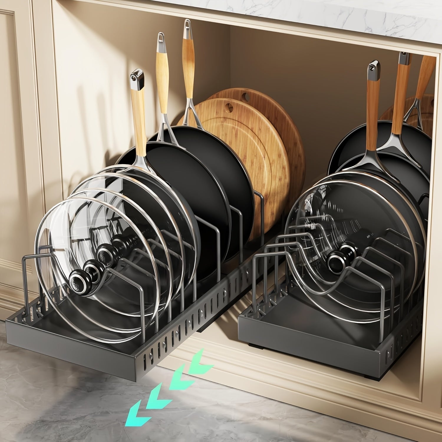 Under Pull-Out Pot And Pan Storage Cabinets, Sliding Lid Rack And Kitchen Pan Rack, Slide-Out Cabinet Storage Cabinet for Pot Lids, Baking Trays, Utensils, 8 Adjustable Dividers, Kitchen Organizers And Storage