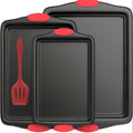 3pcs Carbon Steel Non-Stick Baking Pan | Oven & Toaster Accessories, Commercial Restaurant Grade, Double-Sided Non-Stick Coating, Luxurious & Stylish Design With Red Silicone Handle - Oven Safe Kitchen Accessories, Professional Kitchenware