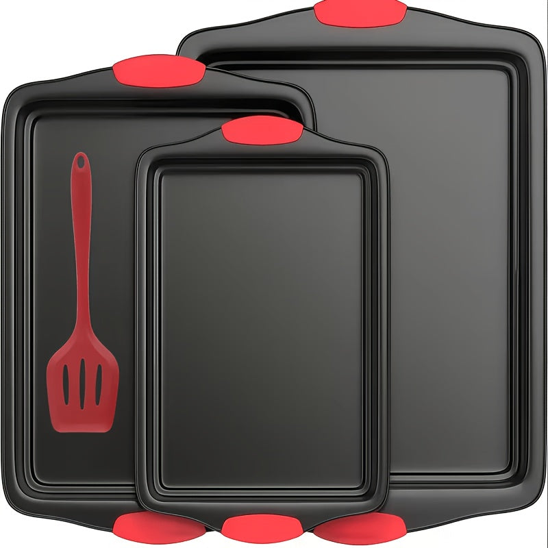 3pcs Carbon Steel Non-Stick Baking Pan | Oven & Toaster Accessories, Commercial Restaurant Grade, Double-Sided Non-Stick Coating, Luxurious & Stylish Design With Red Silicone Handle - Oven Safe Kitchen Accessories, Professional Kitchenware