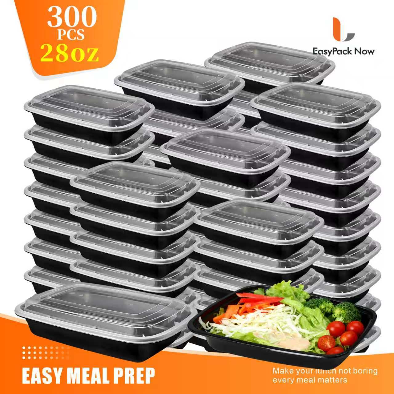 100pcs (50 Containers & 50 Lids) Black Rectangular Meal Prep Containers 28oz - Stackable & Leakproof Food Storage Container Set, Disposable Bento Box - Ideal for Food Trucks, Home Leftovers, Work Lunches, Takeout, Meal Prep & Party Catering - Microwave/Di