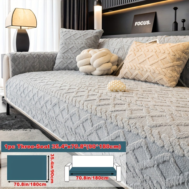 1pc Plush Sofa Mat, Polyester Shu Velveteen Jacquard Knit Fabric Couch Cover, 200-250 g/㎡, Separate Seating Modern Style, Machine Washable Anti-Slip Protection, for Bedroom Office Living Room Home Decoration