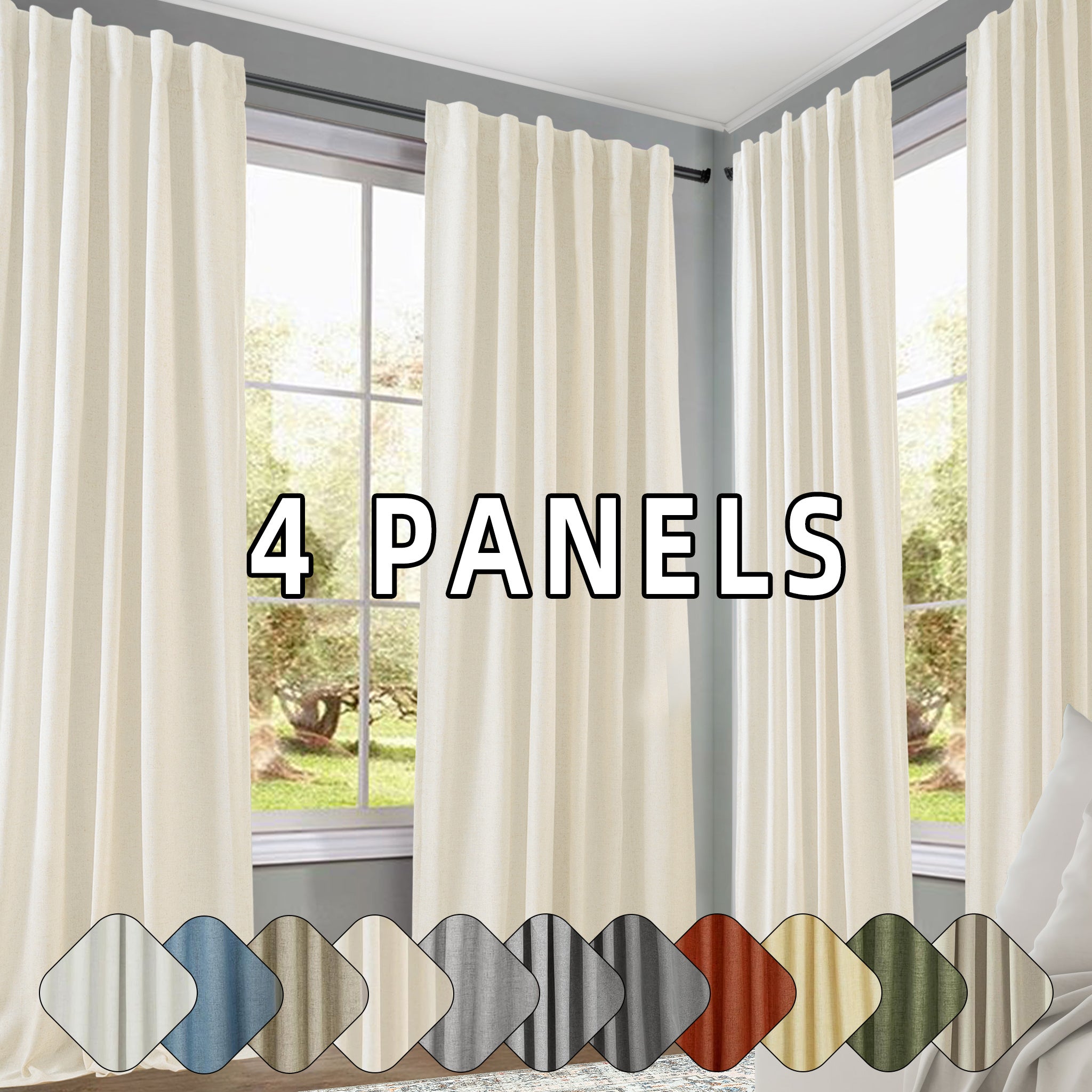 4 Panels 100% Blackout Linen Curtains for Bedroom Farmhouse Thermal Insulated Rod Pocket Back Tab Full Light Blocking for Living Room