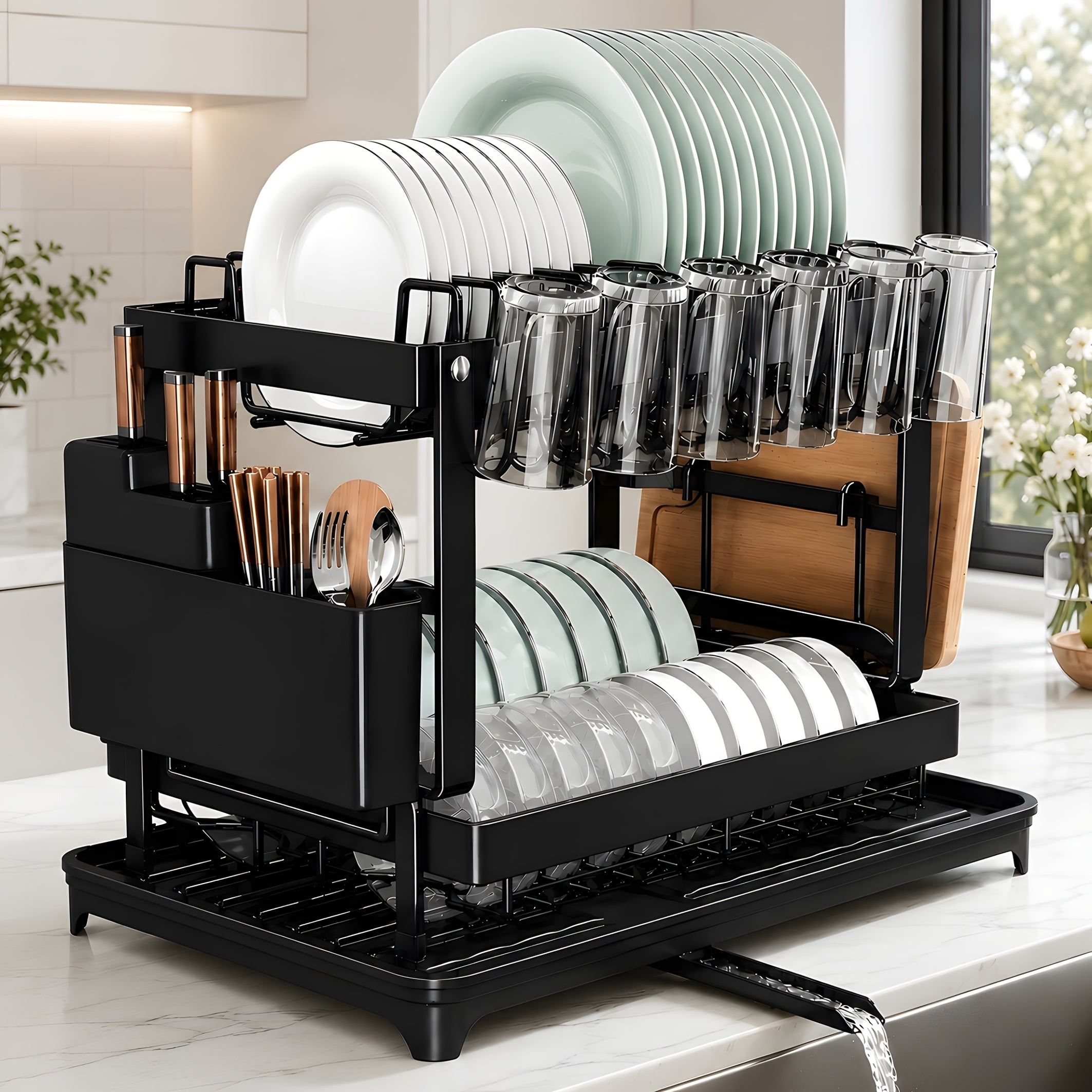 Two-Level Dish Drying Rack For Kitchen Surfaces, Kitchen Organizers And Storage, Dish Drainer With A Drainboard, Kitchen Accessories, Metal Kitchen Dish Holder With Drainage, Two-Tier Kitchen Drying Rack, Black Dish Holders