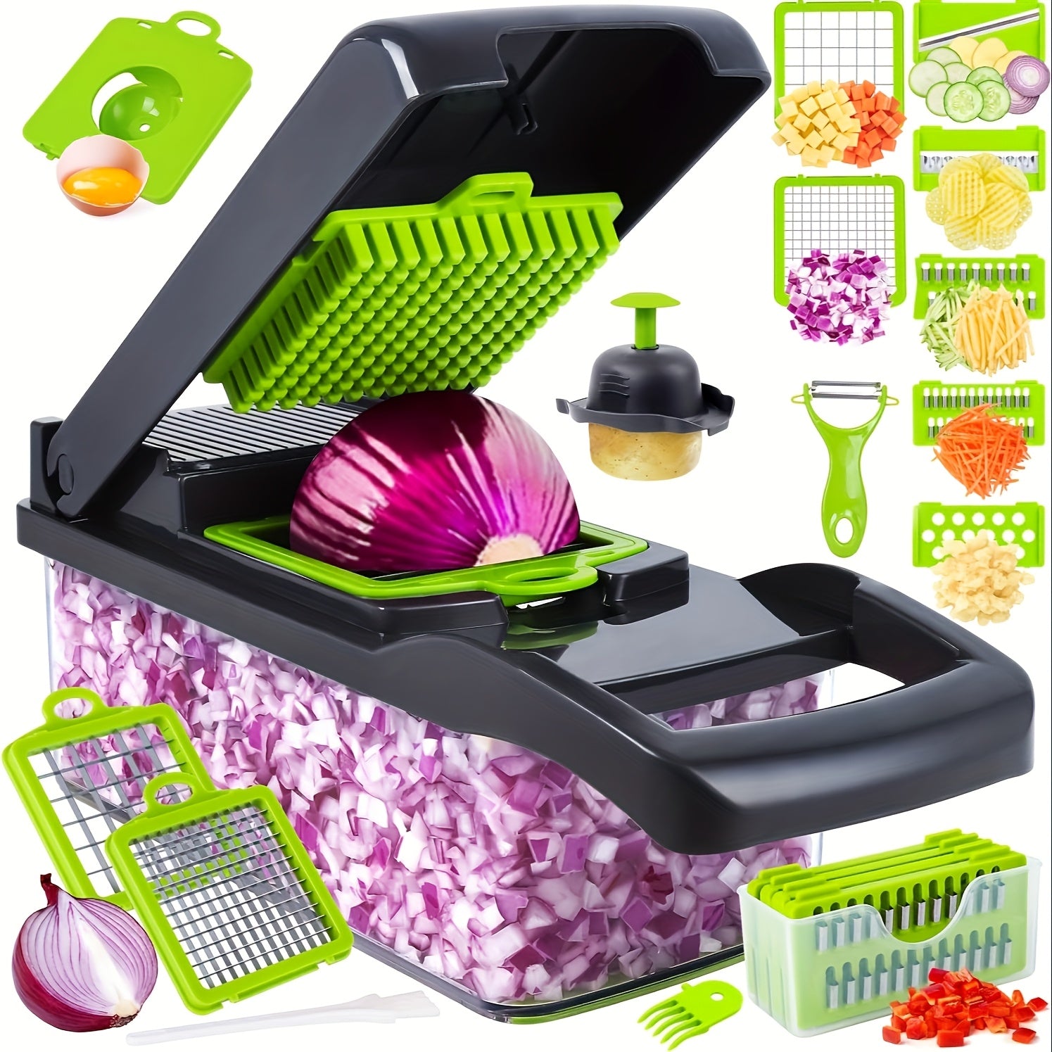 16-in-1 Vegetable Chopper with 8 Blades & Container - Professional Onion Dicer, Multifunctional Kitchen Slicer for Effortless Food Prep