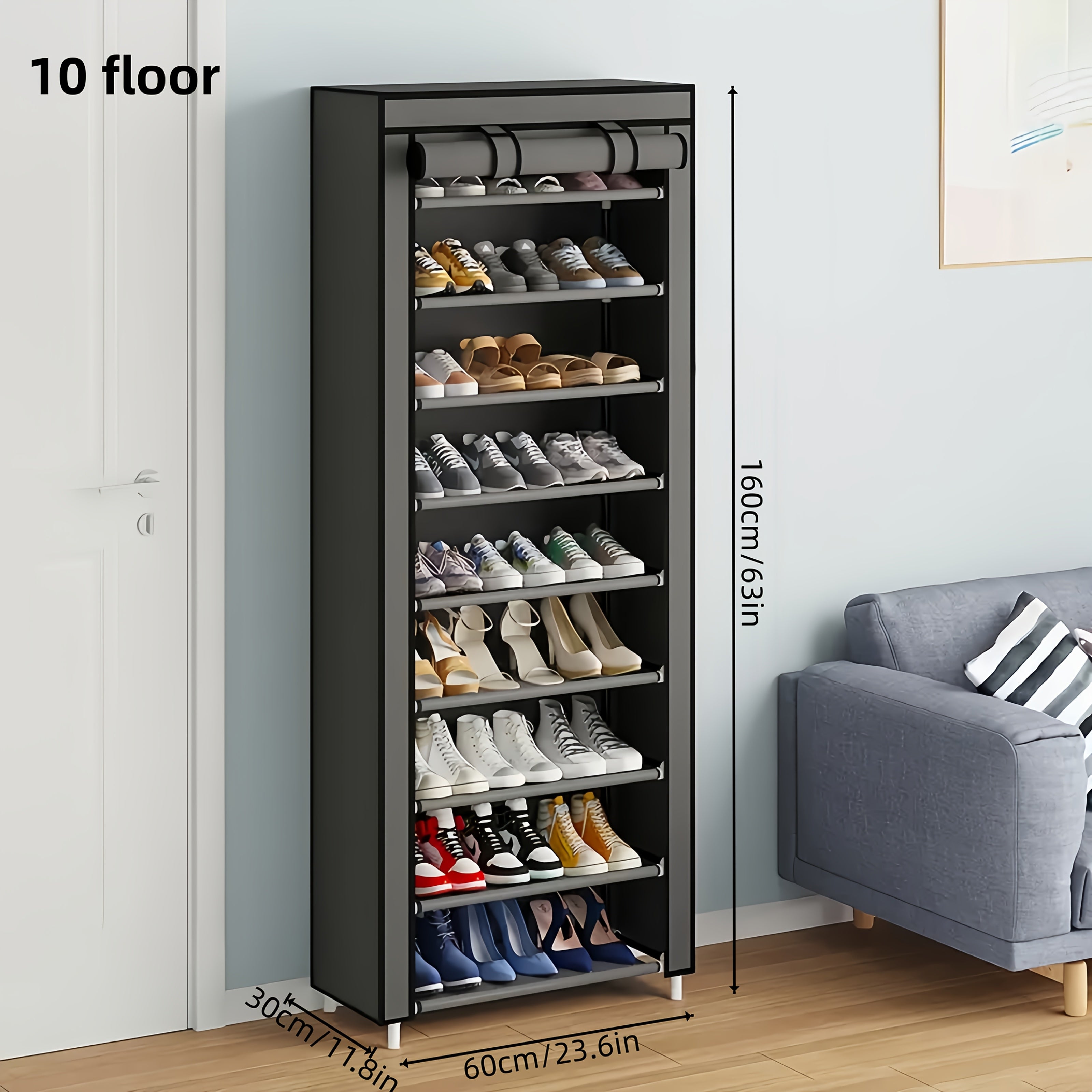 6/8/10 Layer High-Capacity Shoe Rack, with Dust Cover, Multi-Functional Storage Rack, Pipe Diameter 12Mm, Shoe Rack at The Door Saves Space, Easy to Assemble, Suitable for Household Shoe Racks And Wardrobes