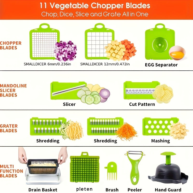 16-in-1 Vegetable Chopper with 8 Blades & Container - Professional Onion Dicer, Multifunctional Kitchen Slicer for Effortless Food Prep