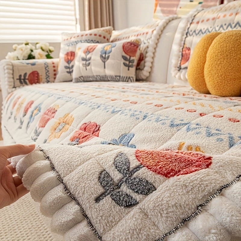 Bohemian Floral Plush Sofa Cover - Thick Milk Fleece Couch Protector for 1-4 Seater, Machine Washable Quilted Bohemian Floral Pattern with Decorative Pillow Covers, Warm & Cozy Sofa Cover for Living Room, Living Room Decor | Vibrant Sofa Accessory | Ruffl