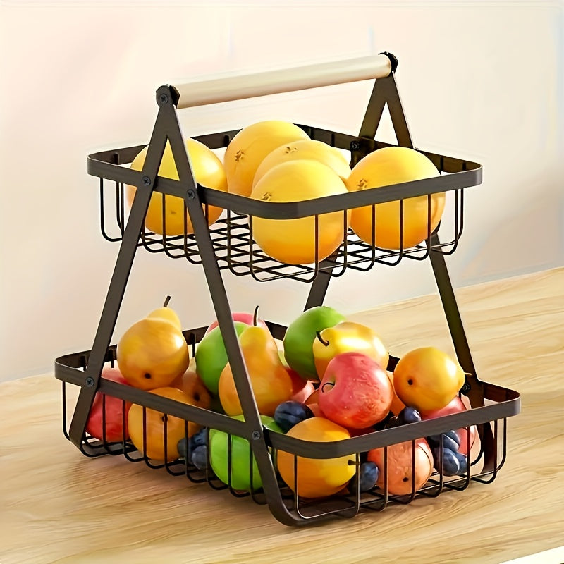 2/3 Tier Heavy-Duty Metal Wire Fruit Basket with Detachable Wooden Handle, Modern Multi-Layer Countertop Storage Rack, Rectangular Space-Saving Organizer for Kitchen Pantry & Dining Table, Hold Fruits, Vegetables, Bread & Snacks