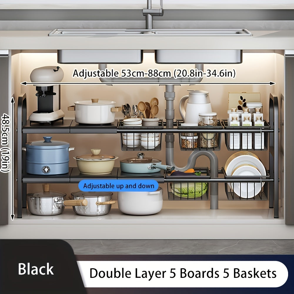 3 Plates/5 Plates And 5 Baskets Expandable Under Sink Organizers And Storage 2 Tier Cabinet Shelf Organizer with 5 Detachable Panels 5 Baskets for Under Kitchen Bathroom Sink Organizers And Storage