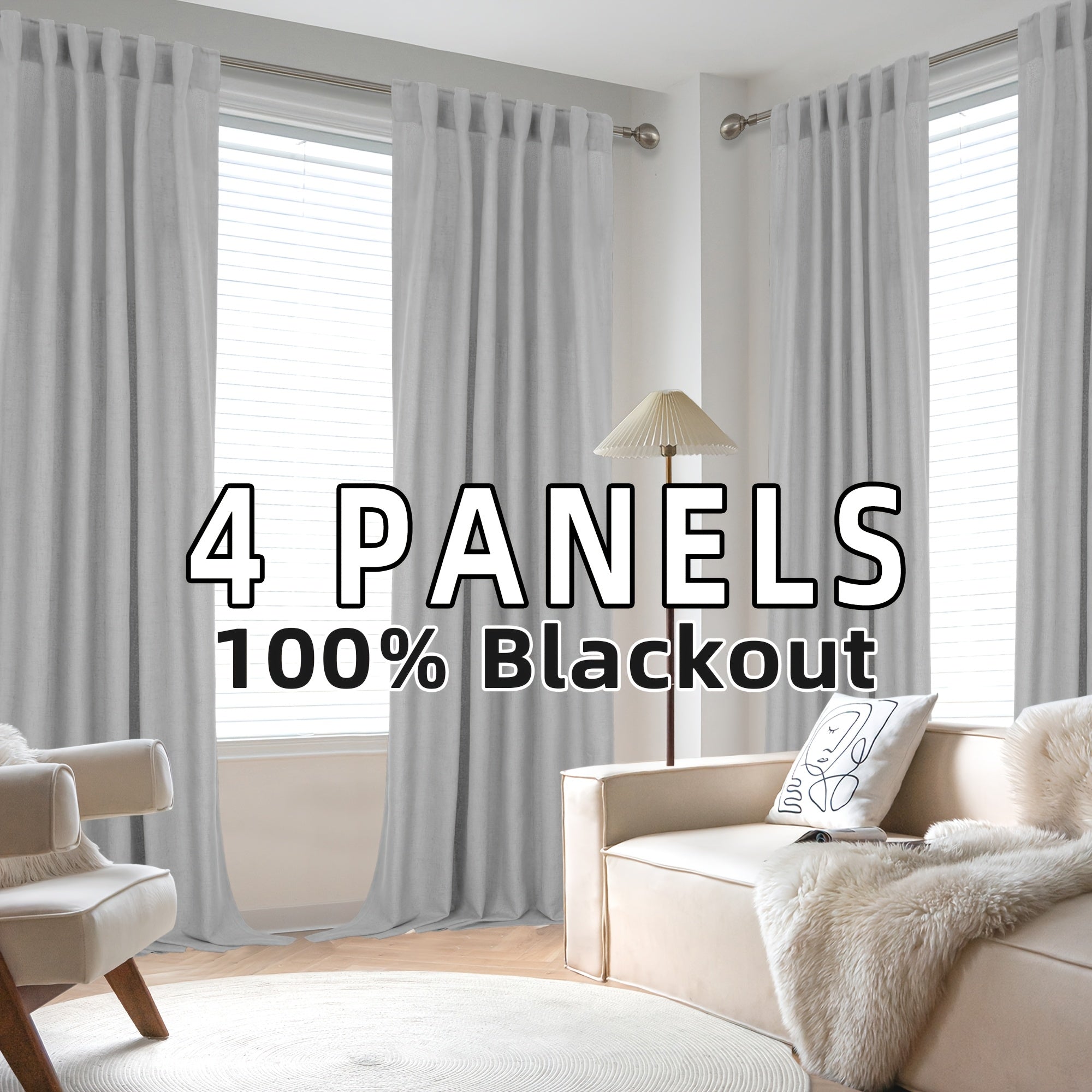 4 Panels 100% Blackout Linen Curtains for Bedroom Farmhouse Thermal Insulated Rod Pocket Back Tab Full Light Blocking for Living Room