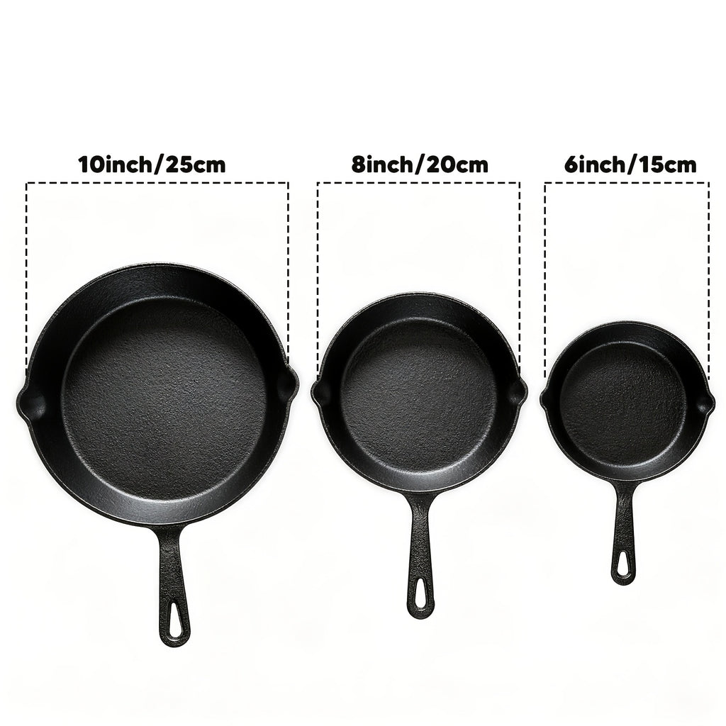 3pcs Bare Cast Iron Skillet Set (6/8/10 Inch) - Heavy-Duty Heirloom-Grade Sand Casting, Seasoning, Stir-fries, Non-Stick Surface & Oven/Grill/Campfire Safe - Even Heat Distribution For Steak, Cornbread, Baking - Rustic Kitchen Cookware Essentials