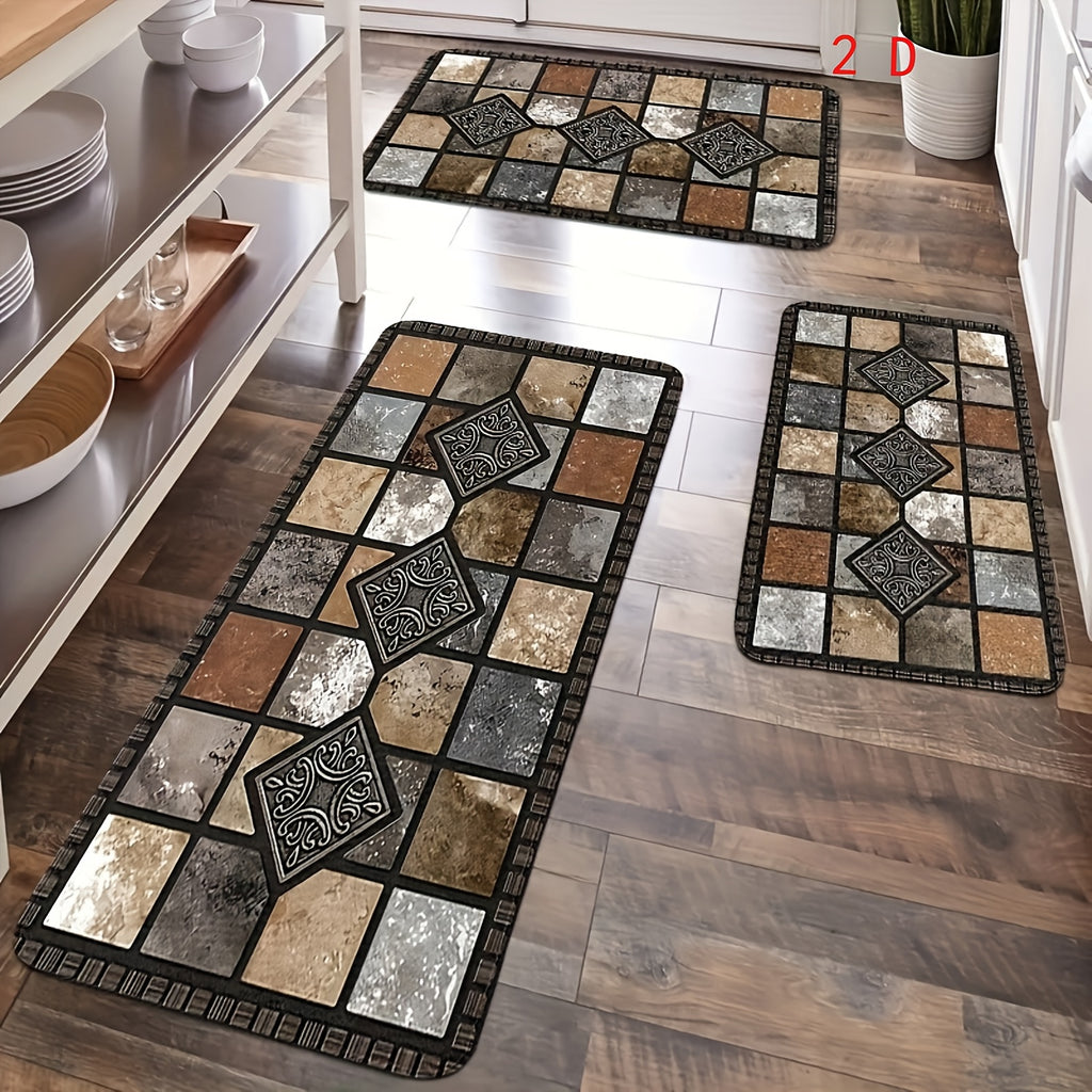 2D 3pcs Kitchen Mat Set, Classic Geometric Stone Mat, Retro Rural Style Mat, Farmhouse Kitchen Decoration, Soft And Comfortable, Suitable for Bedroom, Living Room, Dining Room, Kitchen, Bathroom, Gift for Friend, Kitchen Accessorie, Halloween