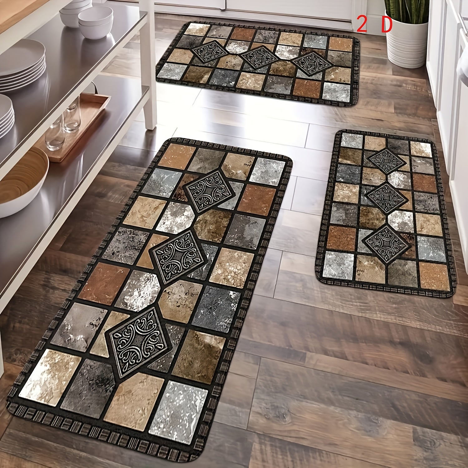 2D 3pcs Kitchen Mat Set, Classic Geometric Stone Mat, Retro Rural Style Mat, Farmhouse Kitchen Decoration, Soft And Comfortable, Suitable for Bedroom, Living Room, Dining Room, Kitchen, Bathroom, Gift for Friend, Kitchen Accessorie, Halloween