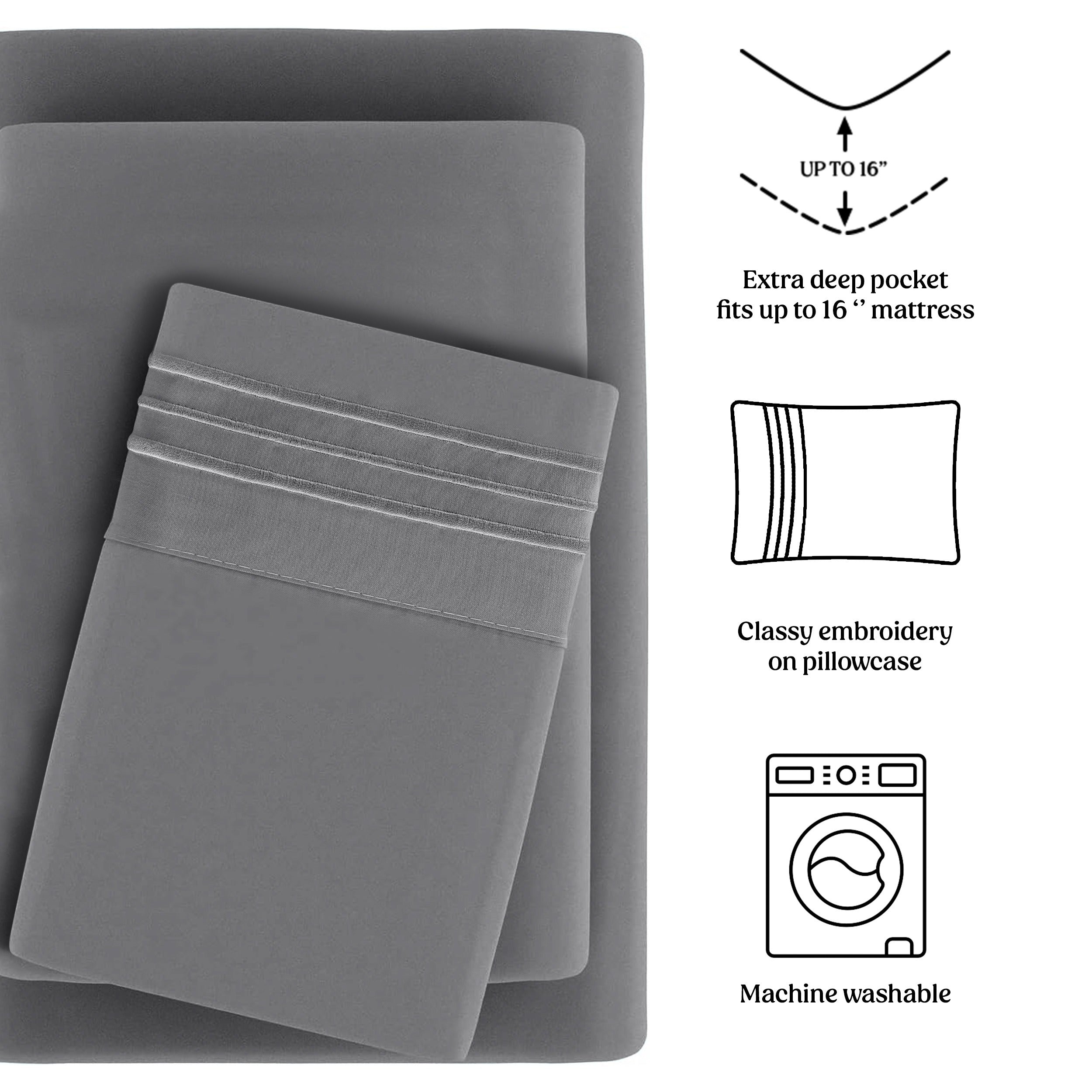 Lux Decor 4 Pieces Solid Bedsheets - 1800 Series Stylish Comfy Bedding Sheet Set - Hotel Luxury Skin Friendly Cooling Sheets & Embroidered Pillowcases Without Filler - Classic Collection With 16 Inches Deep Pocket Room decor - Shrinkage & Fade Resistant