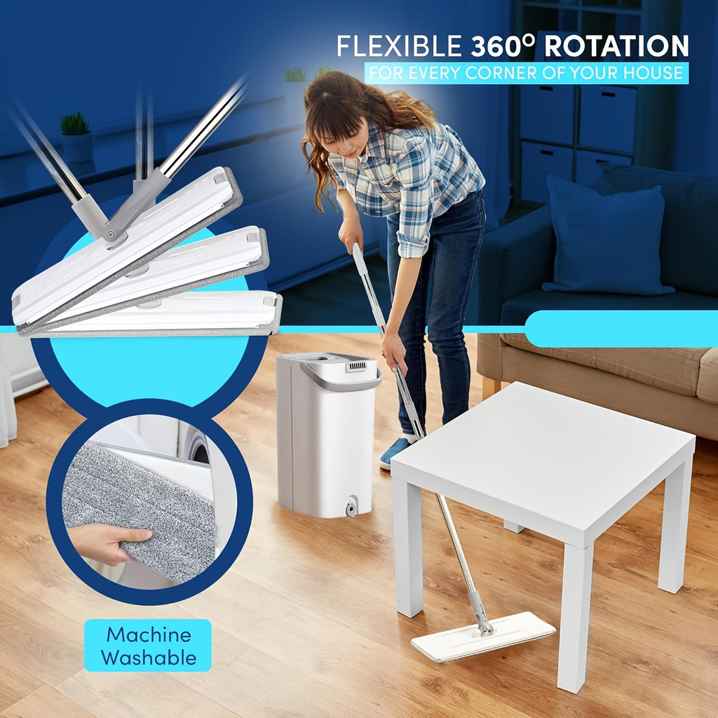 Hands-free Flat Mop And Bucket Set With 5 Mops - Suitable For Bedrooms, Kitchens, Living Rooms, Bathrooms - Made Of Durable Plastic - Efficient Cleaning Solution With Bathroom Storage Function