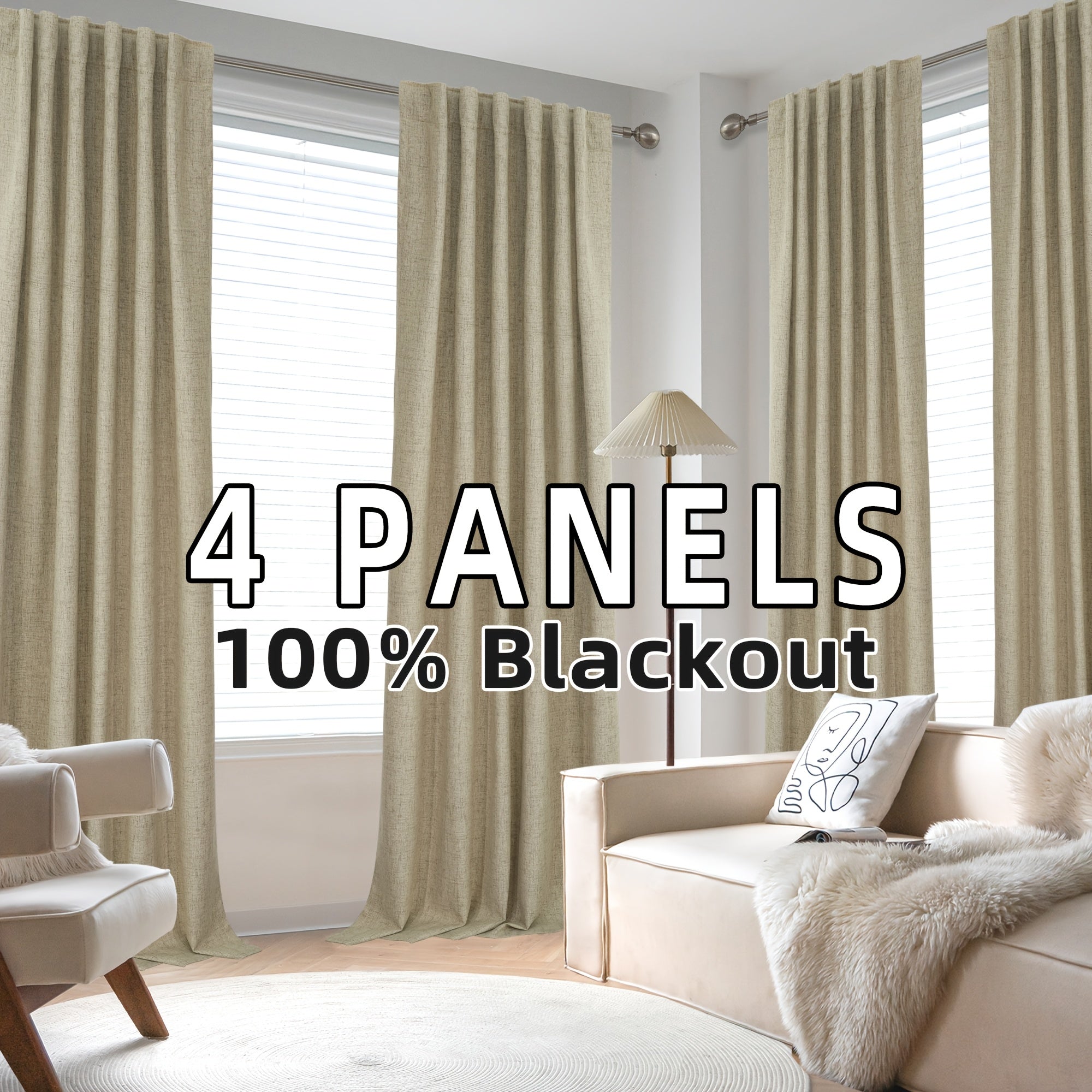 4 Panels 100% Blackout Linen Curtains for Bedroom Farmhouse Thermal Insulated Rod Pocket Back Tab Full Light Blocking for Living Room