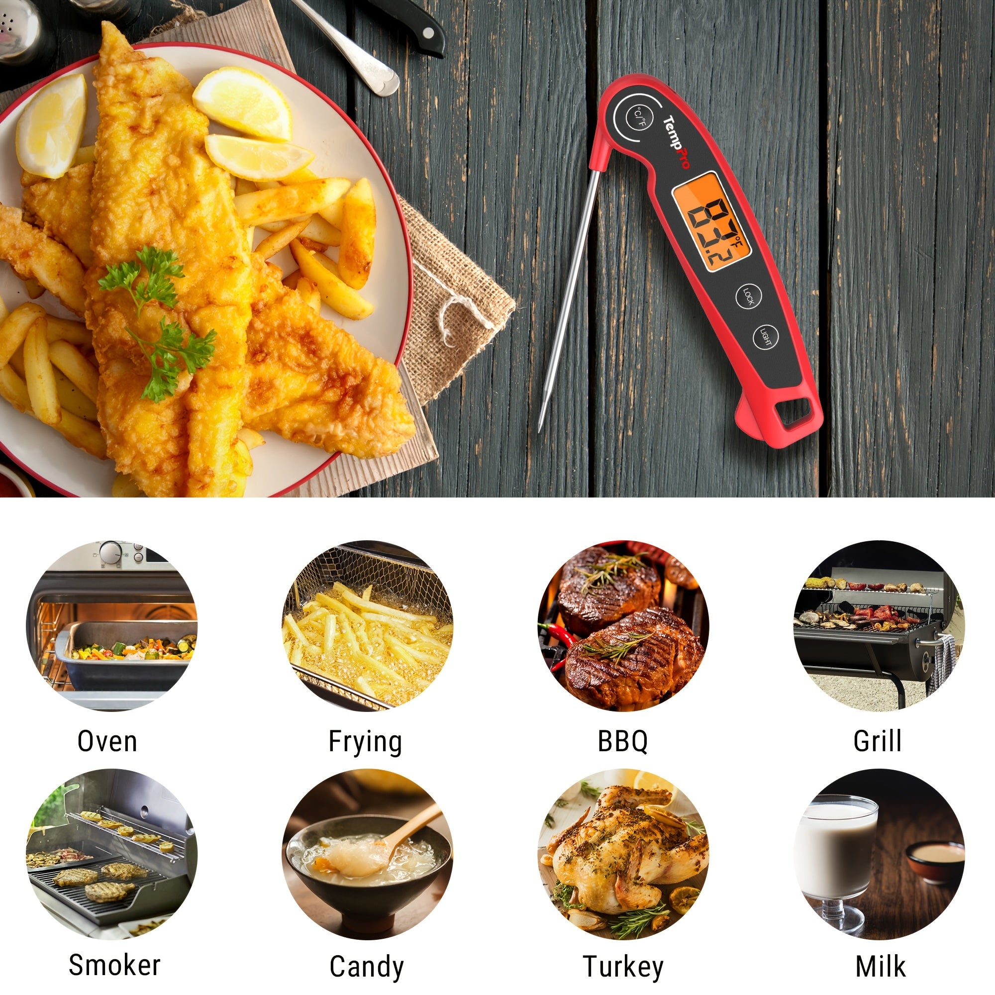 TempPro F05 Digital Meat Thermometer For Cooking With Motion Sensing, Food Thermometer For Kitchen BBQ Oil Grill Smoker Candy Thermometer