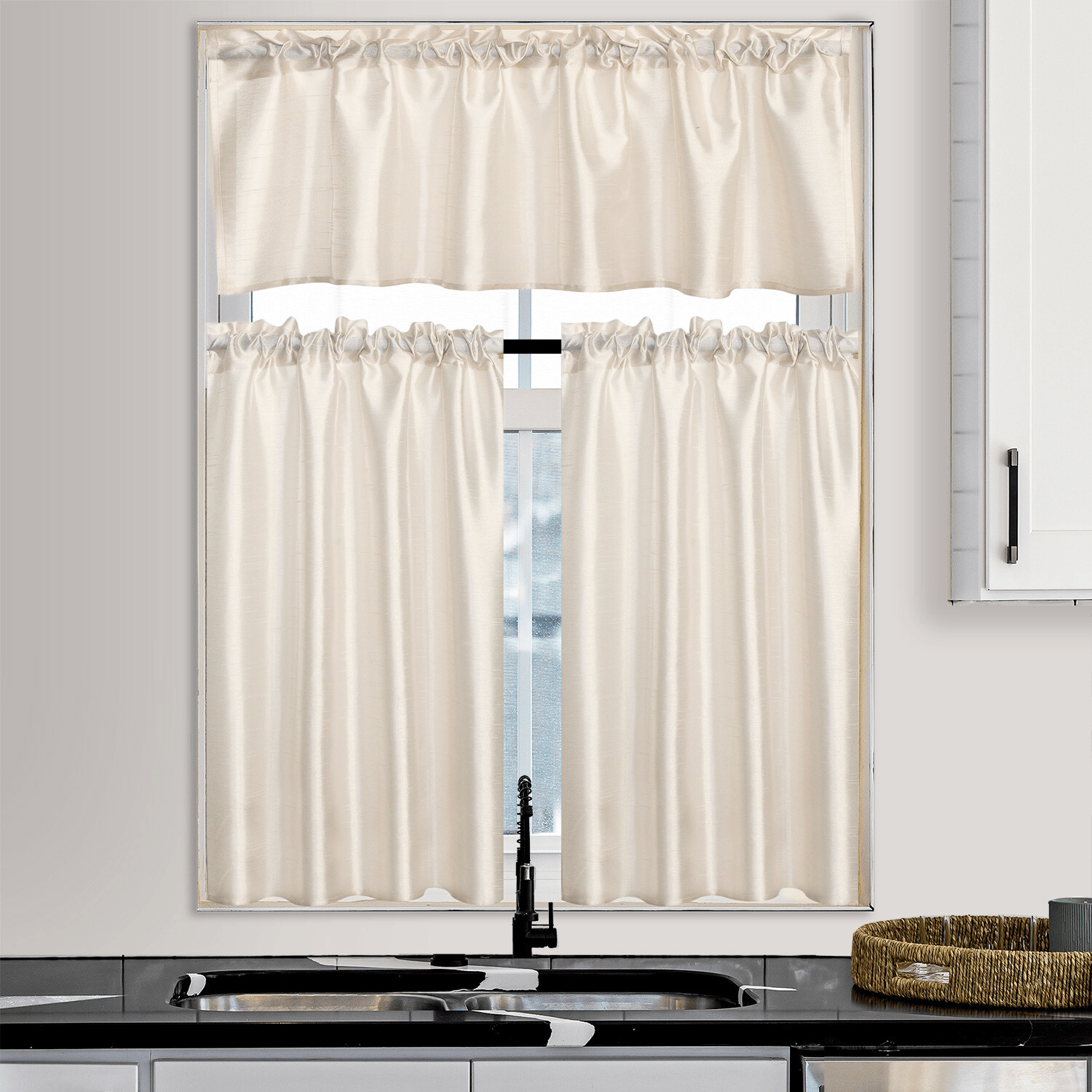 3 Panels Faux Silk Solid Color Sheer Kitchen Curtains Set Rod Pocket Design with 2 Tiers 26x36 inch Each and 1 Valance 52x14 inch for Kitchen Bathroom Privacy Drapes and curtains