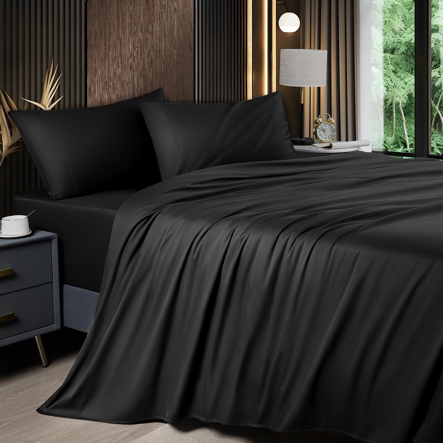 4pcs 2200TC Cooling Bamboo Bed Sheet Set Summer Chill Collection-16" Deep Pocket - Silky Soft Luxury Bedding W/ Flat Sheet, Fitted Sheet & Pillowcases (Beat The Hea Stay Cool All Night) Queen Size Sheet Set Breathable Sheets Sets Queen Size Gifts